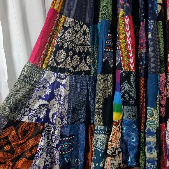 Womens Patchwork Long Maxi Peasant Skirt Boho Heavy Hippie Gypsy Colorful - Picture 9 of 10